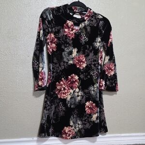 Floral Velvety Dress with 3/4 Sleeves Sz 14 Black Floral Colorful Fall Christmas